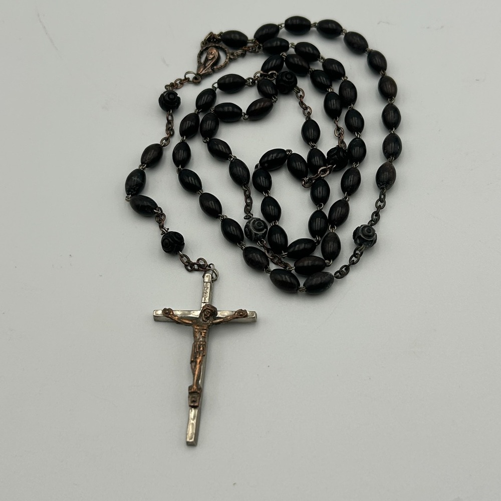 Vintage Rosary Italy Carved Black Beads Virgin Mary Crucifix Patina Necklace
